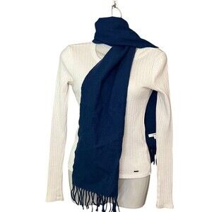 Johnstons Of Elgin 100% Lambswool Blue Fringed Neck Scarf Scotland 12”x58”